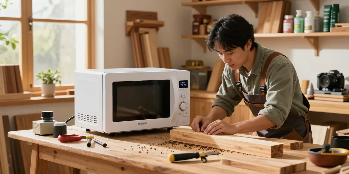 Shashel’s microwave device effortlessly eliminating wood-boring insects in a workshop.