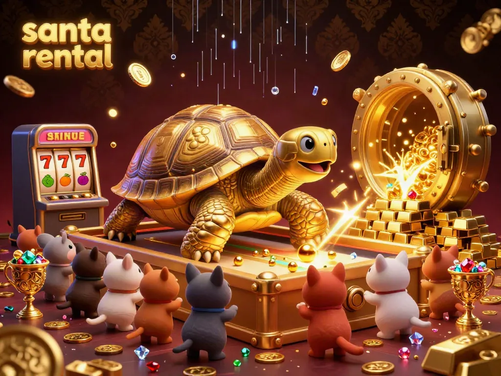 Experience the excitement of santa rental with a vibrant gold tortoise-themed casino scene filled with treasures and joy.