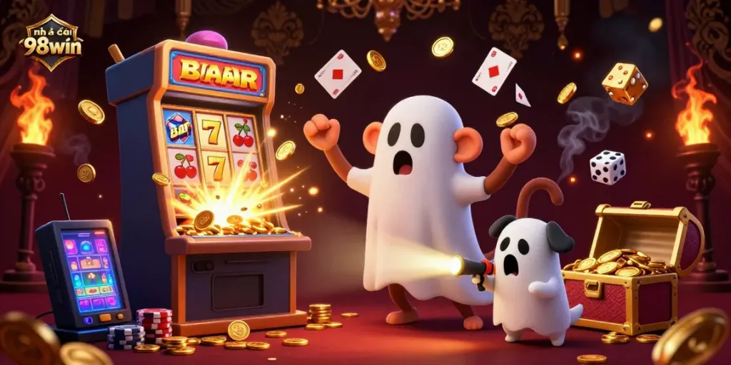 Engaging event featuring the playful poltergeist monkey and ghost-hunter puppy representing nhà cái 98win amidst vibrant casino elements.