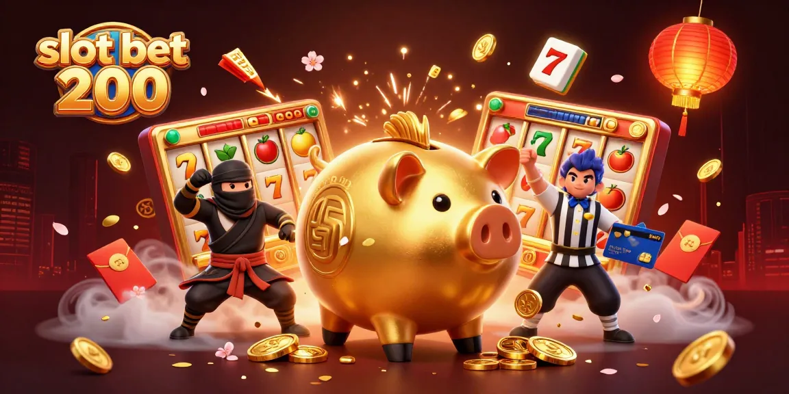 Engage with slot bet 200 action as golden piggy bank and characters create excitement at a lively casino.