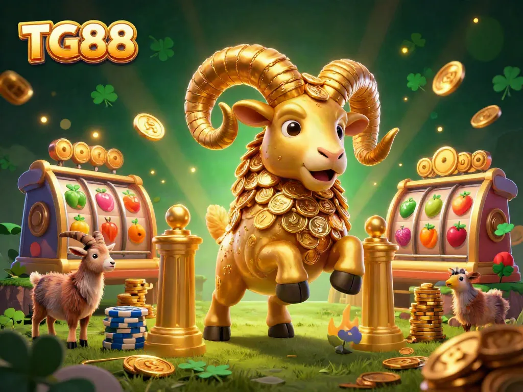 Experience the excitement of TG88 with a dynamic 3D illustration of a golden ram charging towards vibrant slot reels.