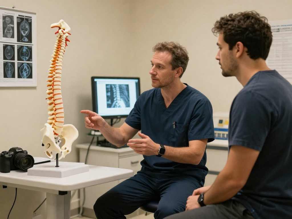 Discussing Bel kayması ameliyatı treatment options in a medical exam room