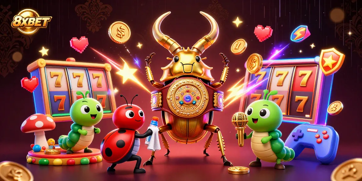 Experience thrilling action at 8XBET with colorful slot reels and engaging characters in a dynamic scene.