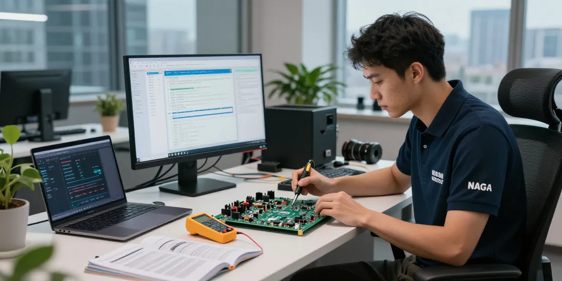 NAGA2000 technician diagnosing circuit board in modern workspace