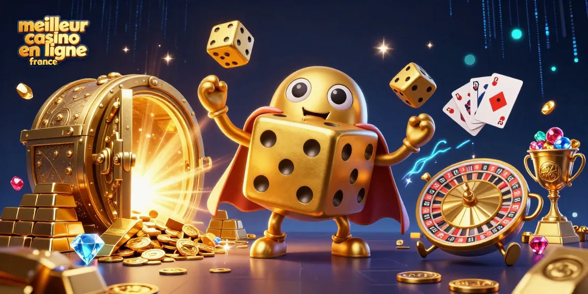 Jouez dans le meilleur casino en ligne en France avec une scène animée de dés dorés et de trésors scintillants.