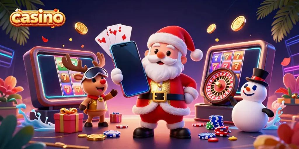 Experience an exciting casino scene with Santa, his reindeer, and a snowman among vibrant slot games.