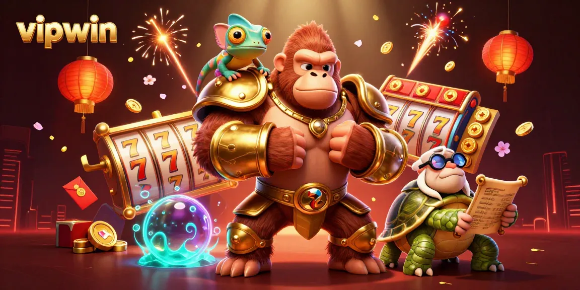 Engage in thrilling gameplay with vipwin as a majestic gorilla king and companions explore a vibrant casino world.