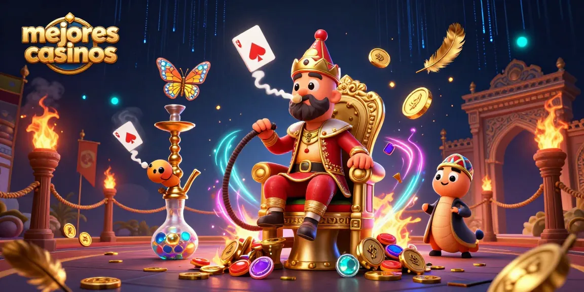 Mejores casinos: ilustración vibrante de personajes y elementos de juego en un entorno dinámico.