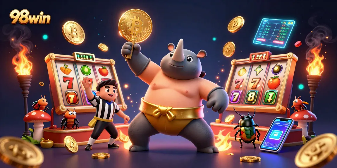 98win casino gaming experience with a 3D rhinoceros beetle champion winning and sending golden coins flying.