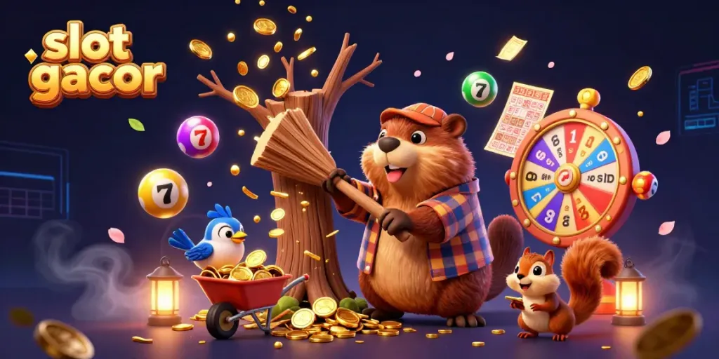 Engage with slot gacor games featuring a beaver character collecting golden coins amidst colorful lottery elements.