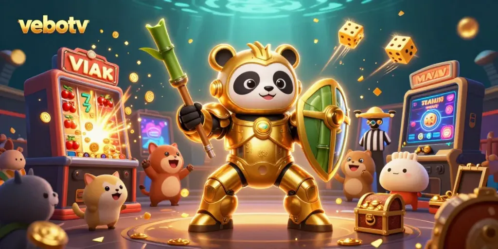 Engage with vebotv's thrilling casino atmosphere featuring a golden panda in a mech suit amidst vibrant games and celebrations.