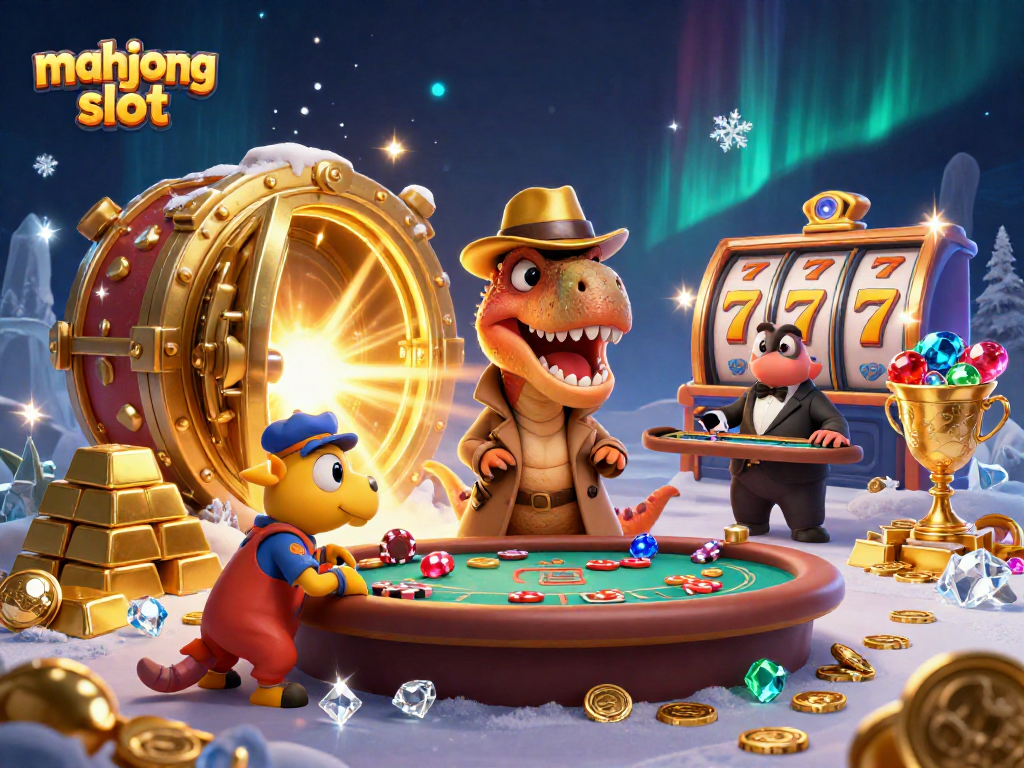 Experience the thrill of mahjong slot with a cartoon velociraptor card counter and immersive casino elements.