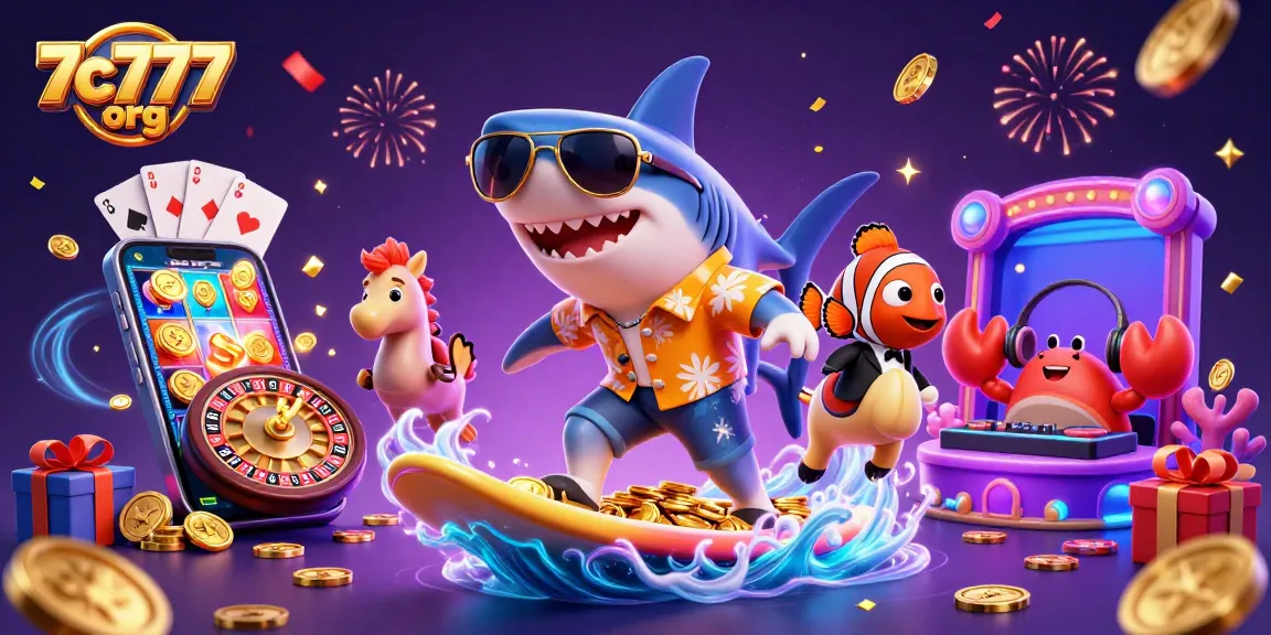 Engage with 7c777 org's dynamic casino scene featuring a shark surfing on gold coins.