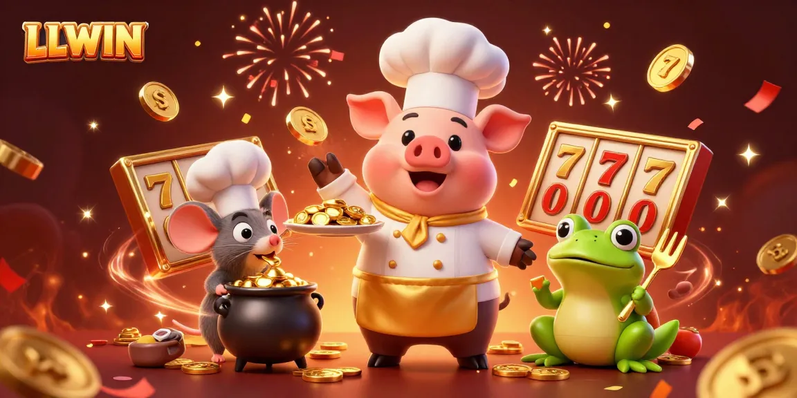 Experience LLWIN's thrilling online casino world with gold coin celebrations and vibrant characters.