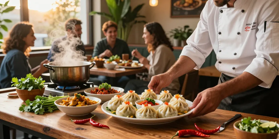 Rokok88 chef plating colorful momos and curry dishes in a vibrant restaurant setting.