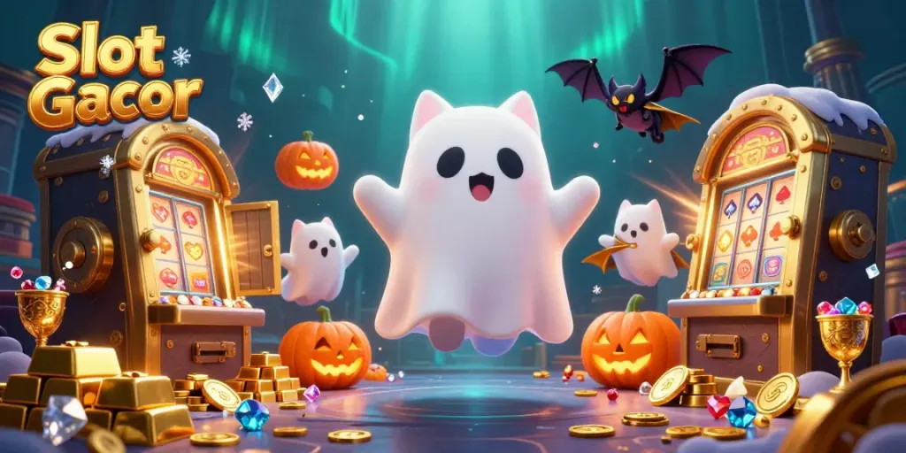 Slot Gacor menampilkan kucing hantu 3D dan kelelawar vampir di kasino berhantu dengan harta karun yang bersinar.