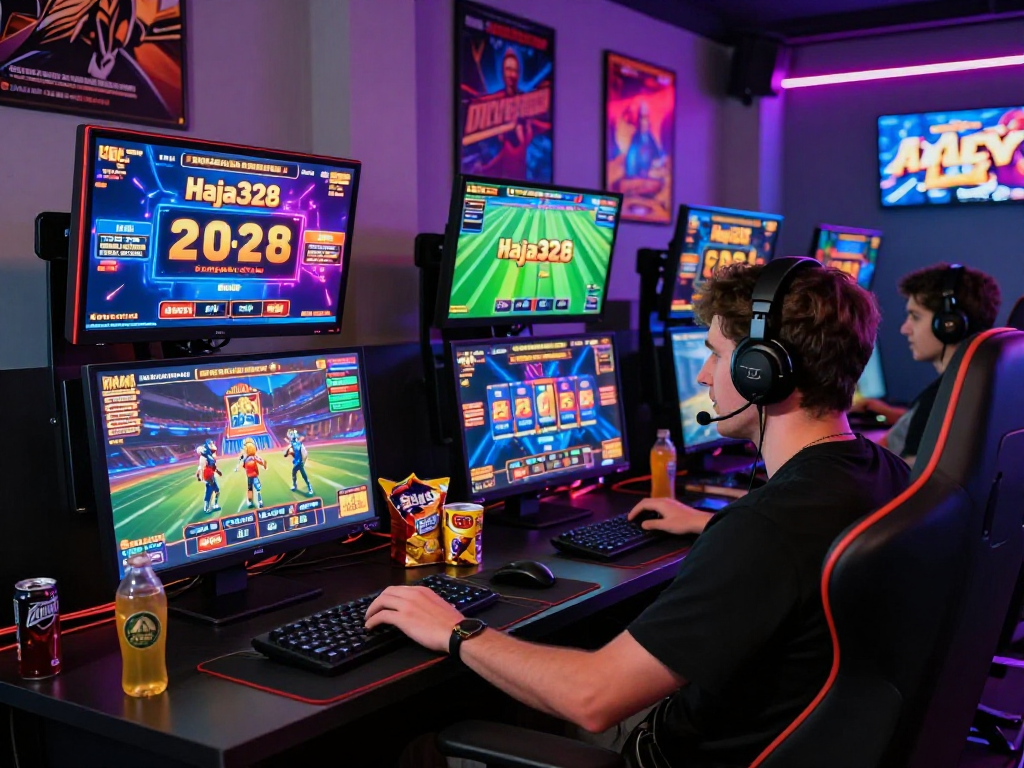 Exciting gaming setup showcasing raja328 link with slots and sports betting screens.