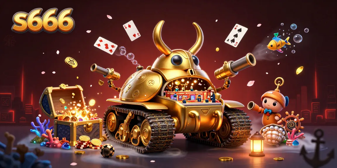 S666 casino experience encapsulated in an ultra-detailed 3D scene with animated golden beetle tank and casino elements.