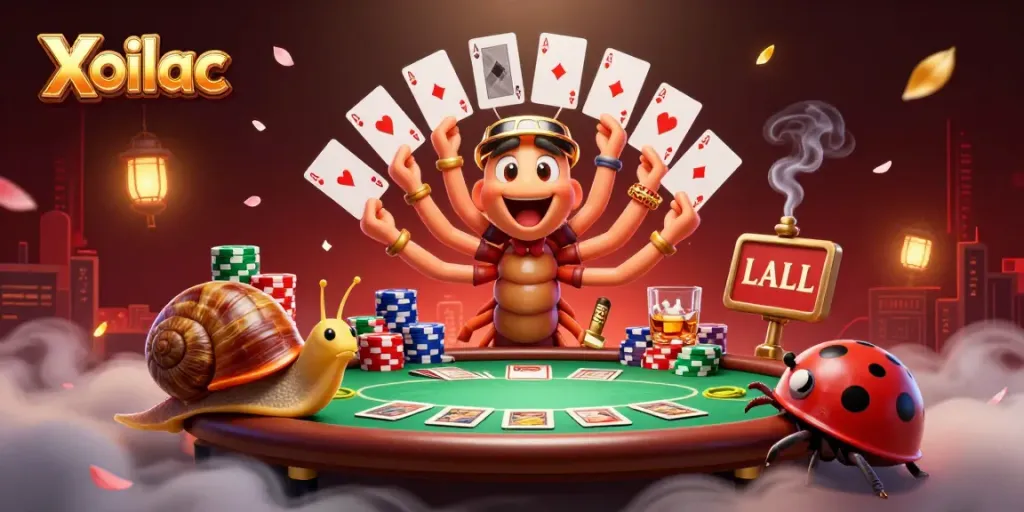 Xoilac offers high-stakes poker excitement with a detailed dealer and vibrant chip stacks.