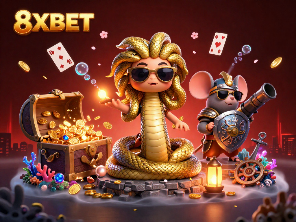 Engage with the vibrant 8XBET casino scene featuring Medusa, a warrior mouse, and treasure elements.