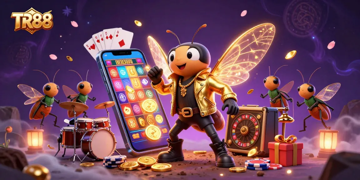 Experience TR88's vibrant gaming scene with a cicada rock star and dynamic slot action.