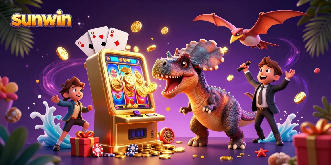 Experience thrilling jackpots at sunwin with cartoon dinosaurs winning coins from a slot machine.