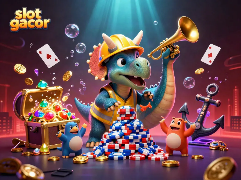 Experience thrilling slot gacor excitement with cheerful characters celebrating big wins in a vibrant casino scene.