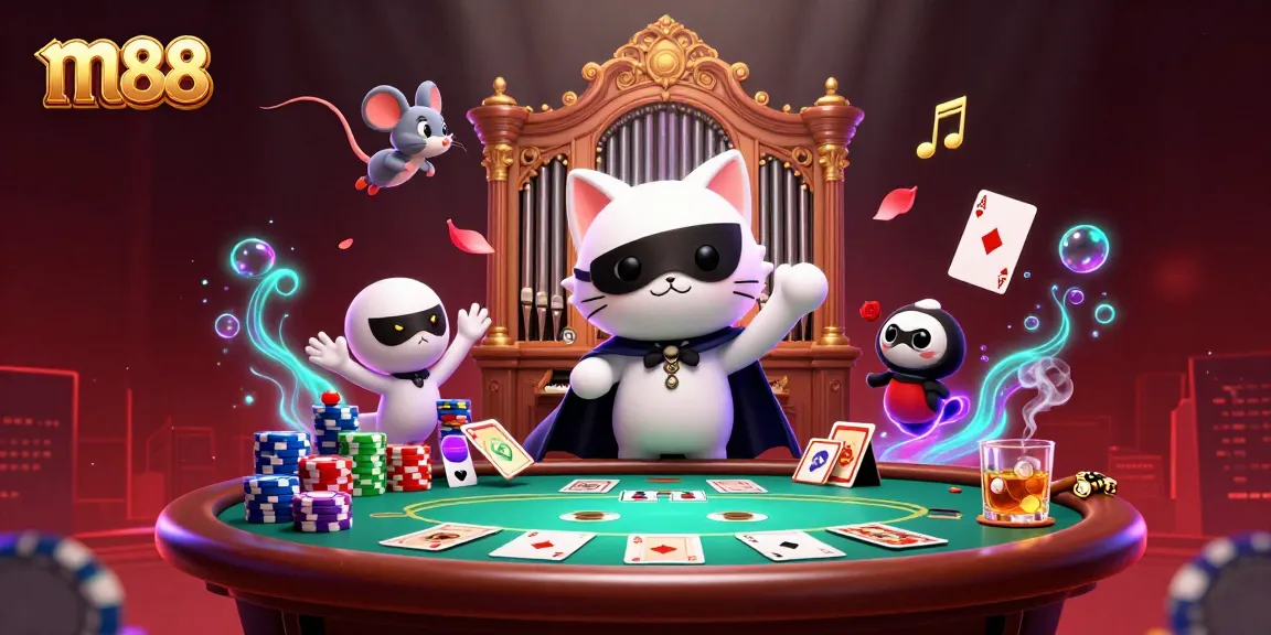 m88 embodies excitement with a phantom cat, poker chips, and floating musical notes in a vibrant casino setting.