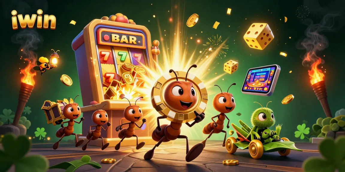 iwin ants carrying a giant poker chip in a vibrant casino heist scene with golden elements.