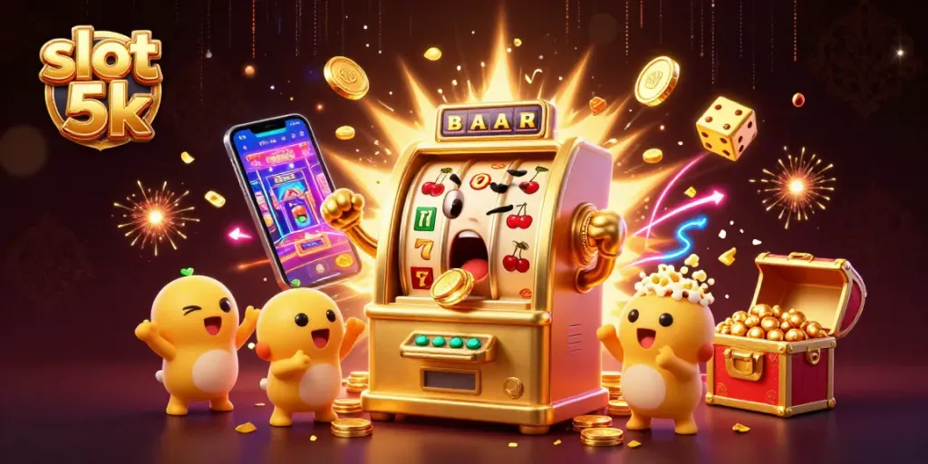 Experience the excitement of slot 5k with a cheerful golden slot machine in a vibrant casino scene.