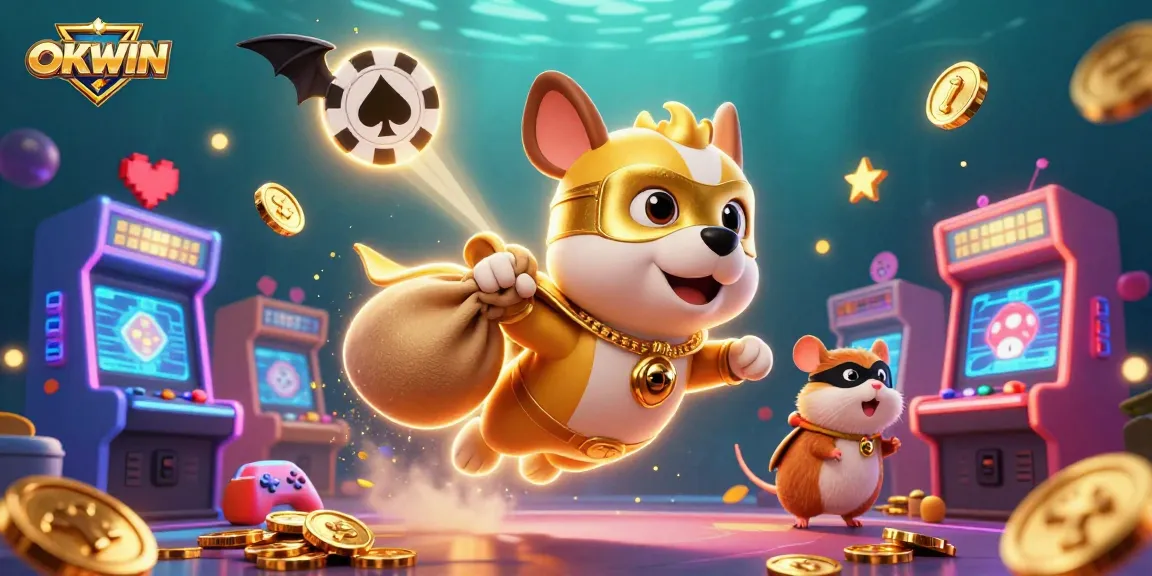 Experience exhilarating gaming adventures with OKWIN, where a superhero dog flies through vibrant casino scenes.