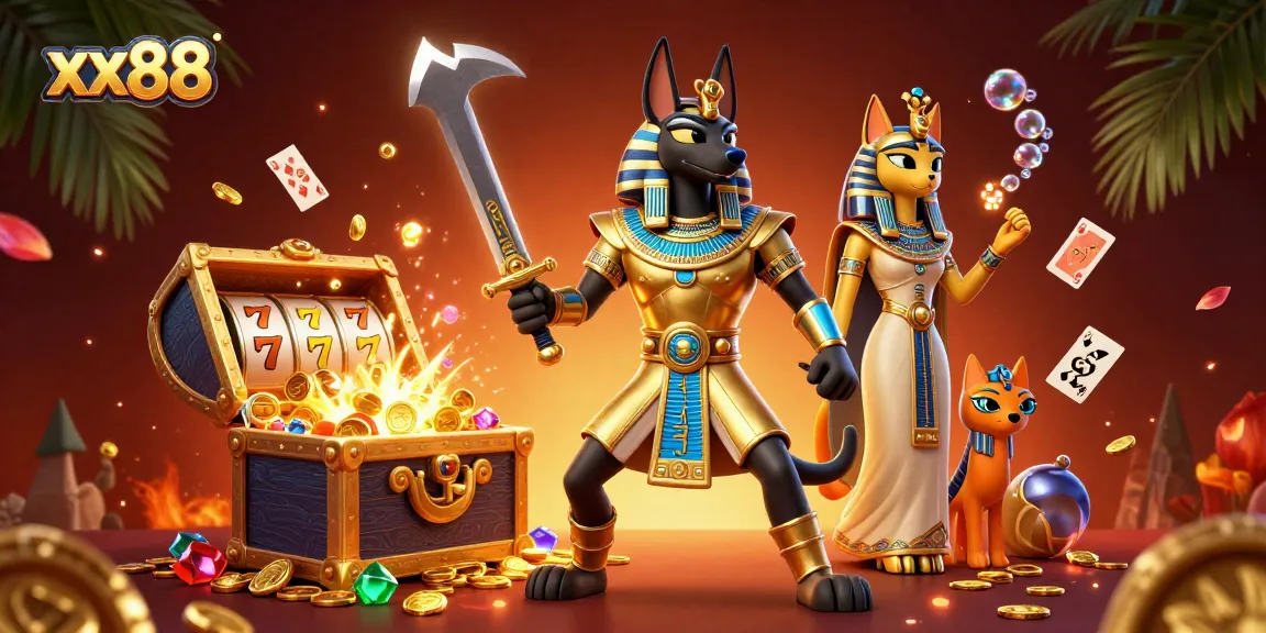 Experience thrilling gameplay at xx88 with Anubis, Bastet, and casino elements in a vibrant scene.