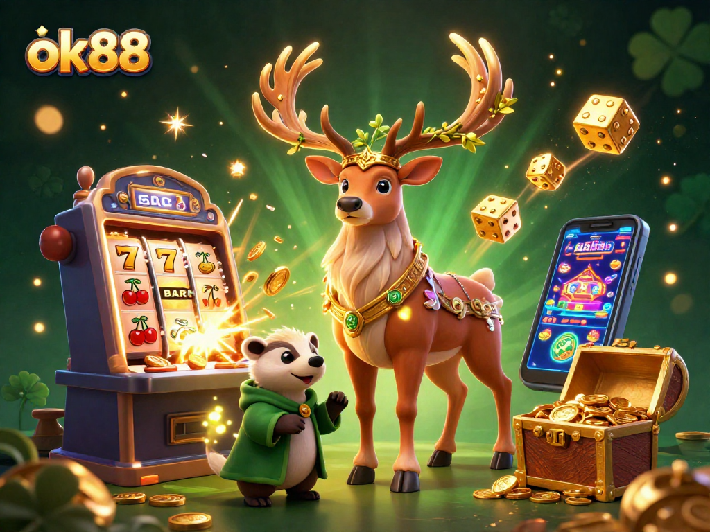Engage with dynamic casino fun at ok88 featuring vibrant 3D characters amidst flying jackpot symbols.
