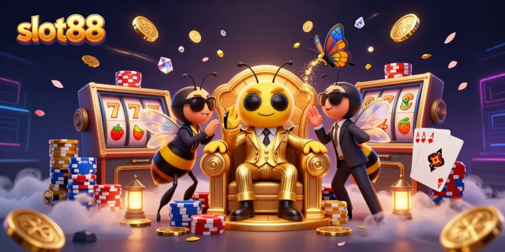 Engage with slot88's thrilling gameplay featuring a bumblebee mob boss amidst sparkling casino treasures.