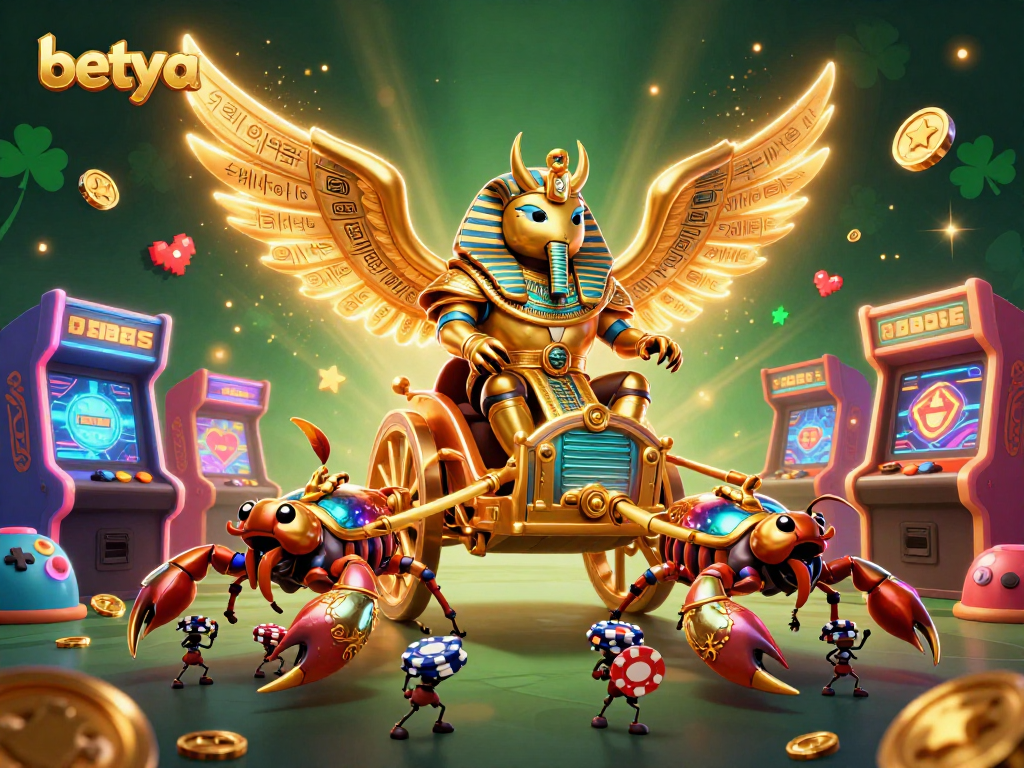 Engage in exciting betting action with betya as a colossal scarab beetle rides through a vibrant gaming scene.