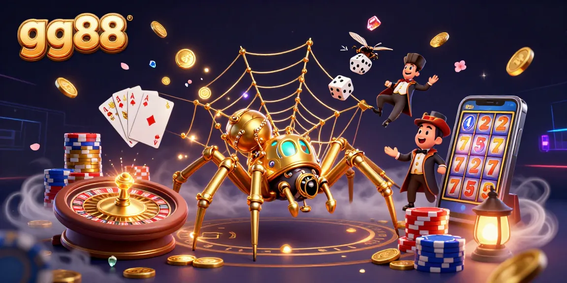 Engage with gg88's immersive gaming experience featuring a playful spider capturing dice in a vibrant casino scene.
