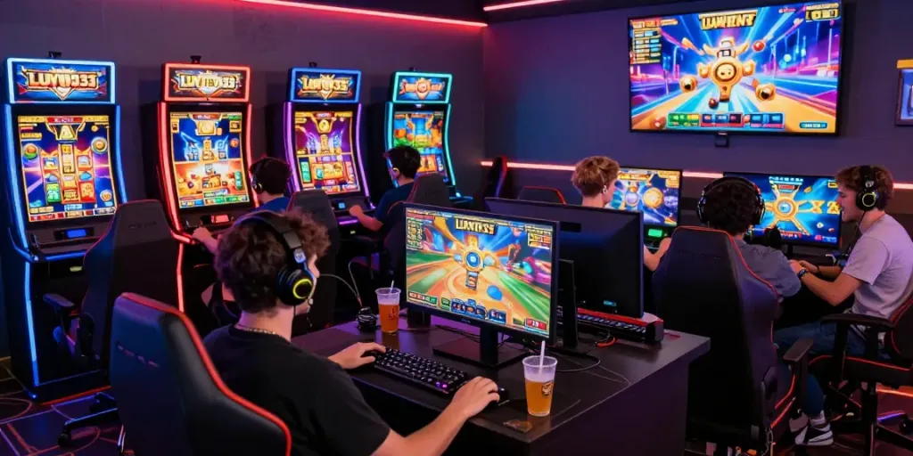 Lively online gaming scene with players enjoying luxury333 slot games in a colorful, modern environment.