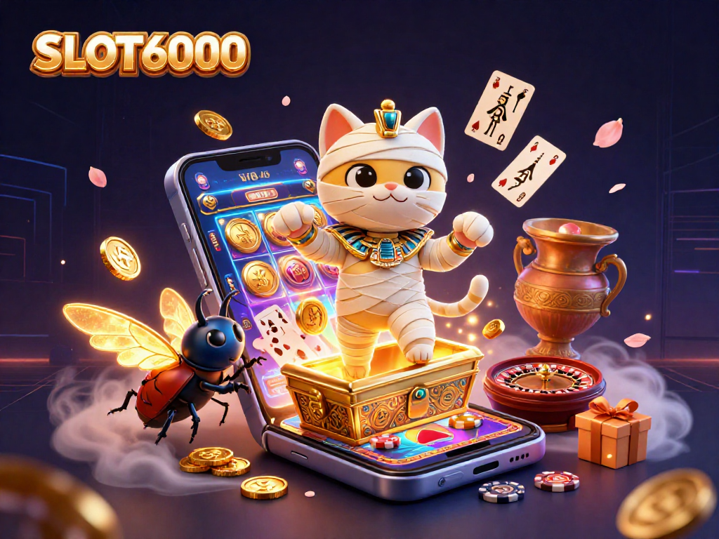 SLOT6000: Experience vibrant slot games with the mummy cat and scarab beetle in a vivid casino scene.