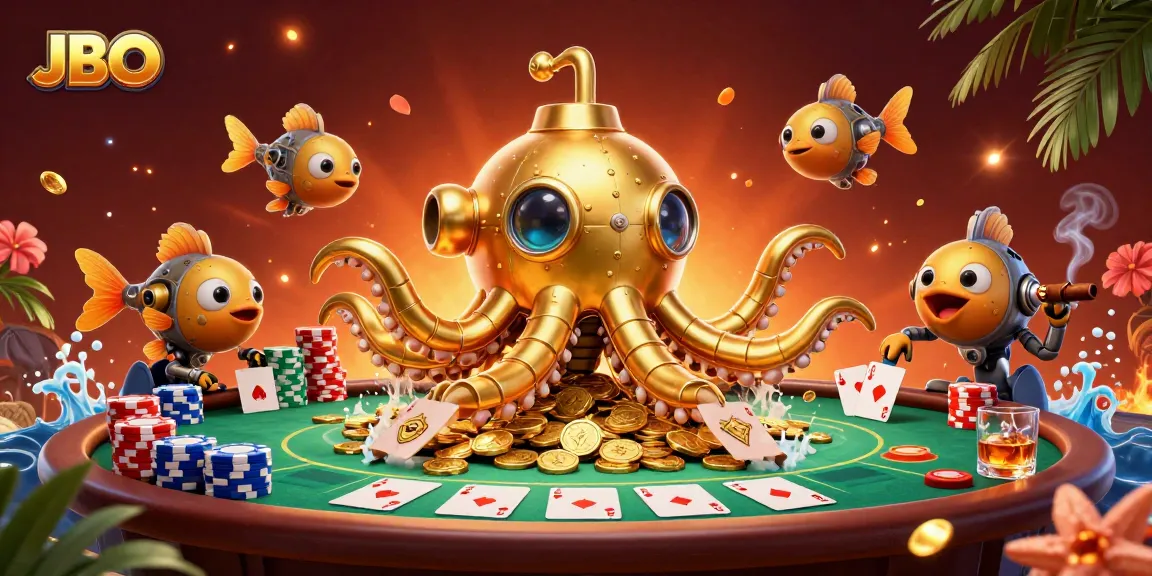 JBO showcases an exciting gaming adventure with a dynamic scene of a golden kraken submarine amidst poker elements.