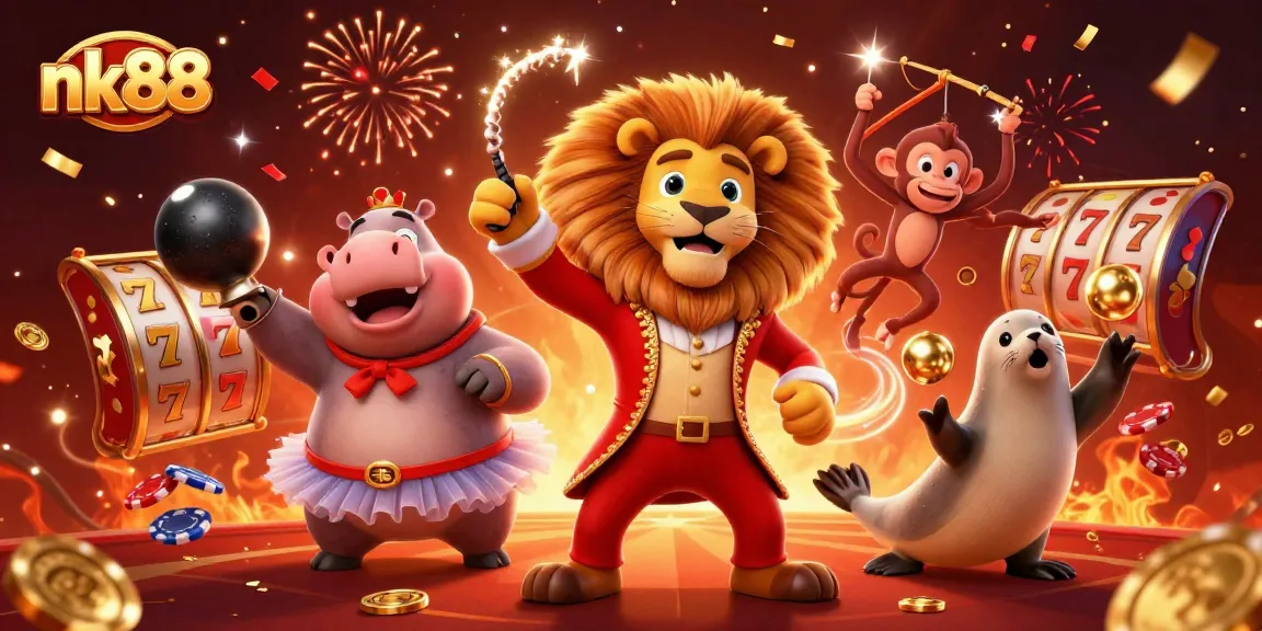 Experience the thrill of nk88's vibrant gaming with characters celebrating amid slot reels and confetti.