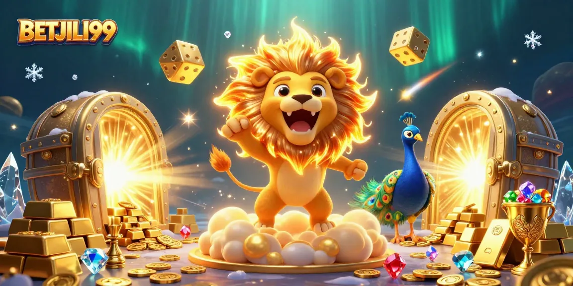 Win big at BETJILI99 with the majestic sun lion and treasure-filled scene, showcasing golden rewards.