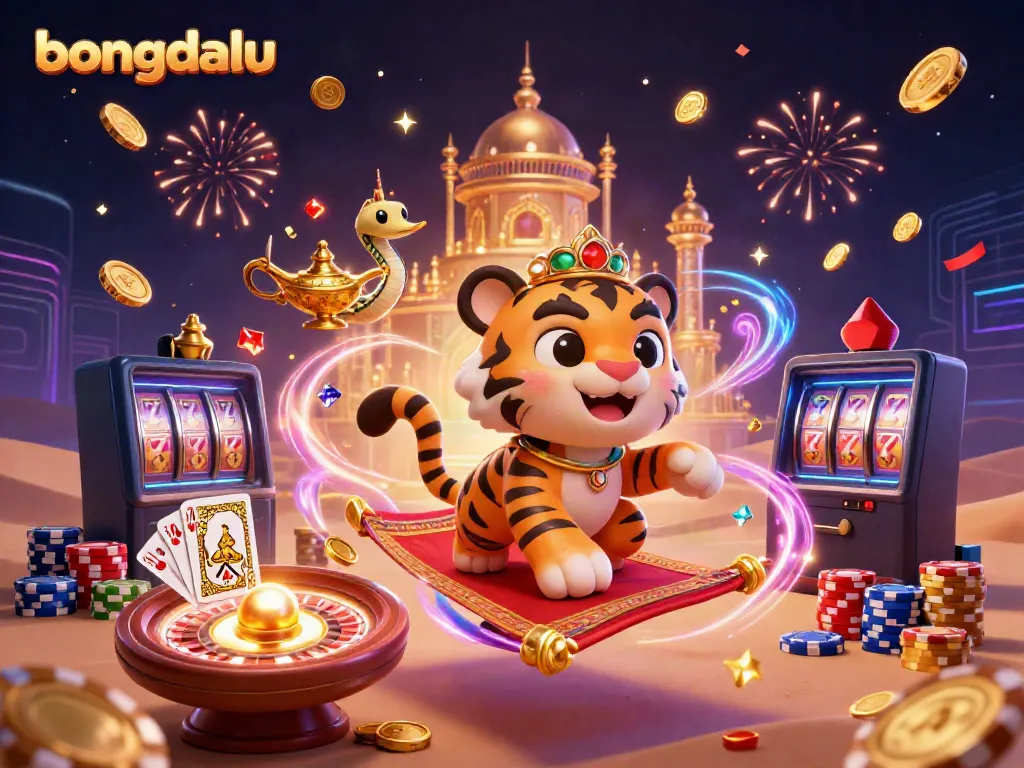 Bongdalu showcases an Arabian Nights-themed tiger sultan with a magic lamp genie in a vibrant casino scene.