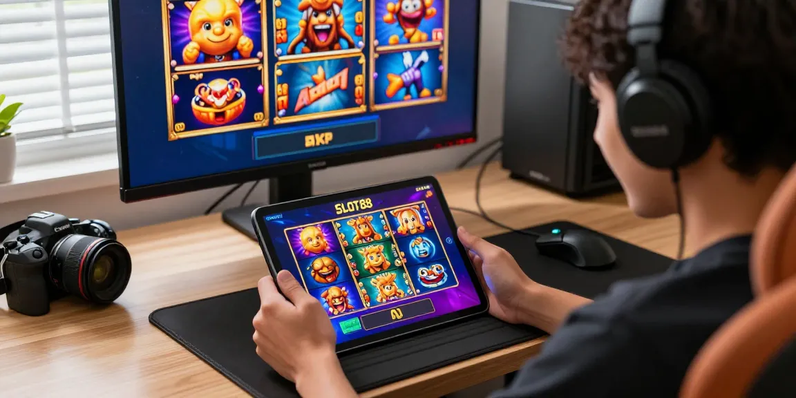 SLOT88 apk gaming experience on tablet with vibrant slot graphics and cozy gaming setup.
