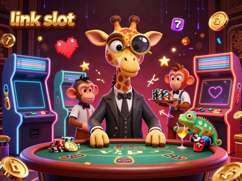 Experience the thrill of link slot with vibrant 3D characters in a bustling casino scene, rich in detail.