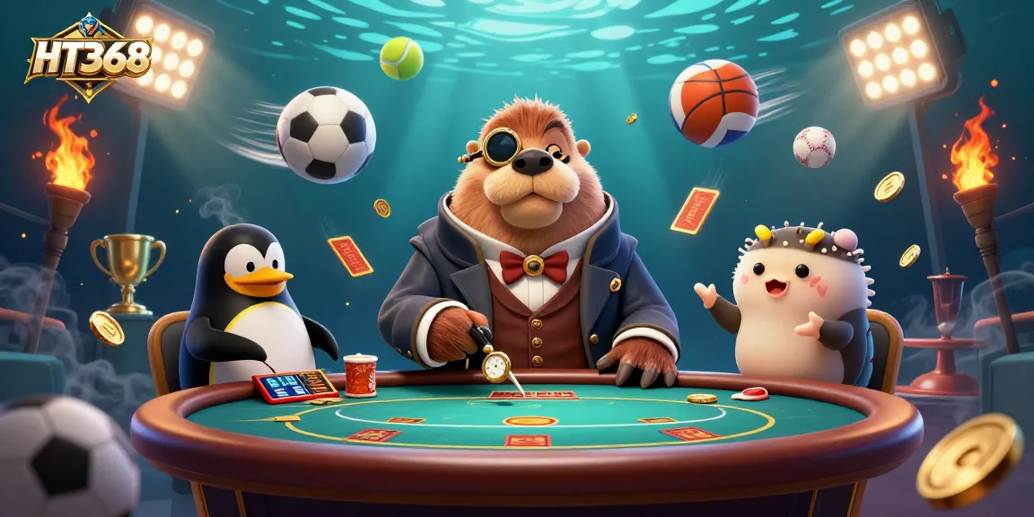 HT368 casino scene featuring a jolly walrus playing poker with a sophisticated penguin and a bluffing pufferfish.