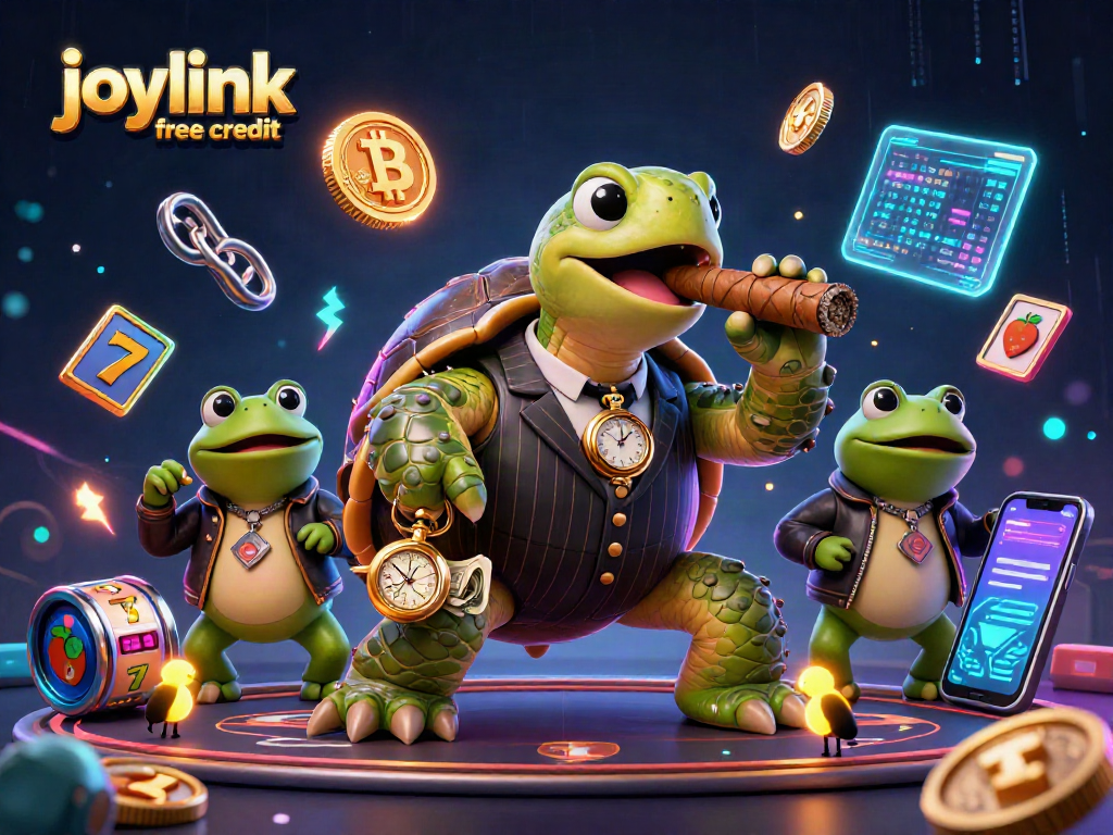 Spin the reels with joylink free credit as a mobster turtle and bullfrogs gamble amidst crypto coins.