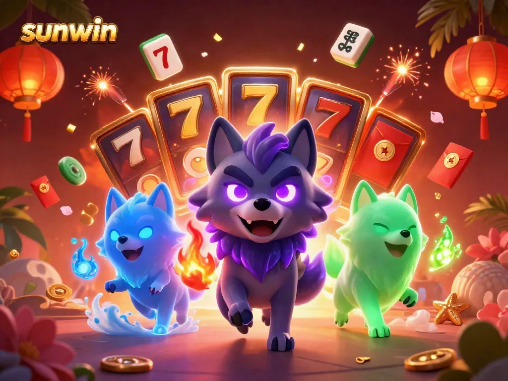 Win big at sunwin with a vibrant 3D casino scene featuring ghostly wolves and slot machines.