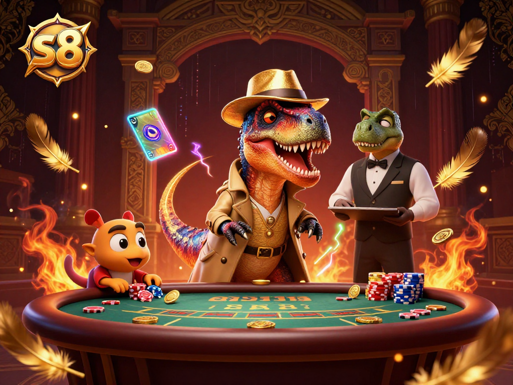S8 gamely explores the blackjack table as a velociraptor disguises and a stegosaurus watches closely.