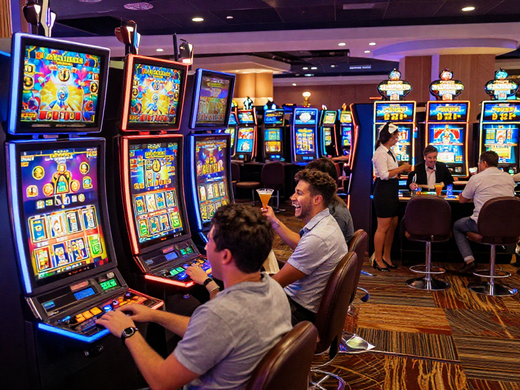 Exciting slot88 gaming scene in a lively casino with players engaging with colorful machines.