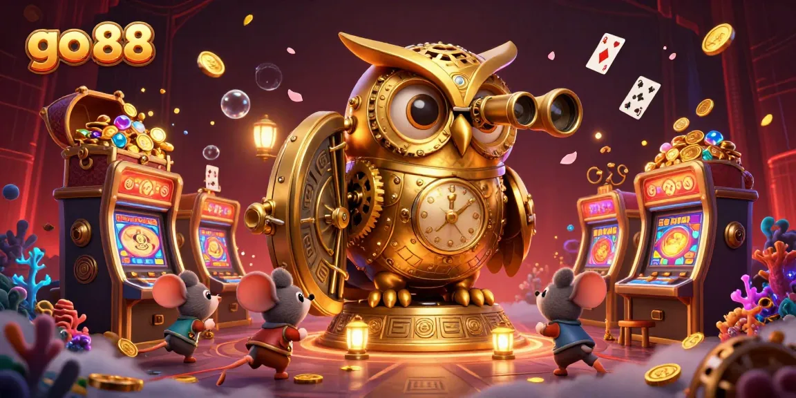Experience go 88 with vibrant playing cards and a golden owl in a captivating casino setting.